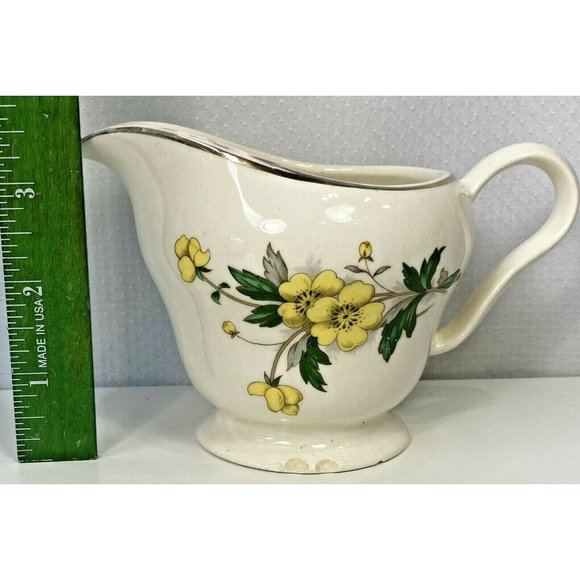 Vintage Knowles Yellow Buttercup China Creamer Pitcher Footed Cup Gold Trim USA - Picture 8 of 11